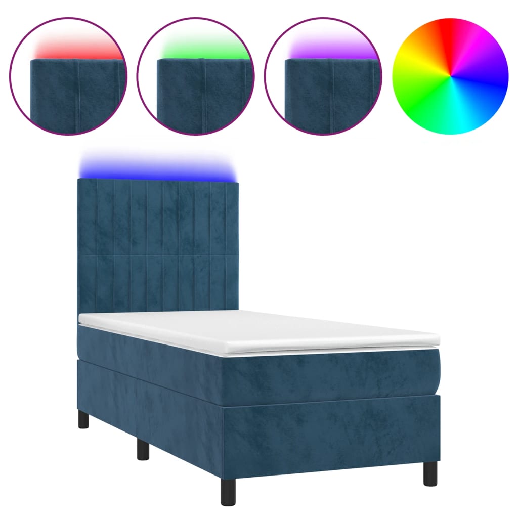 Sötétkék bársony rugós és LED-es ágy matraccal 90x190 cm 