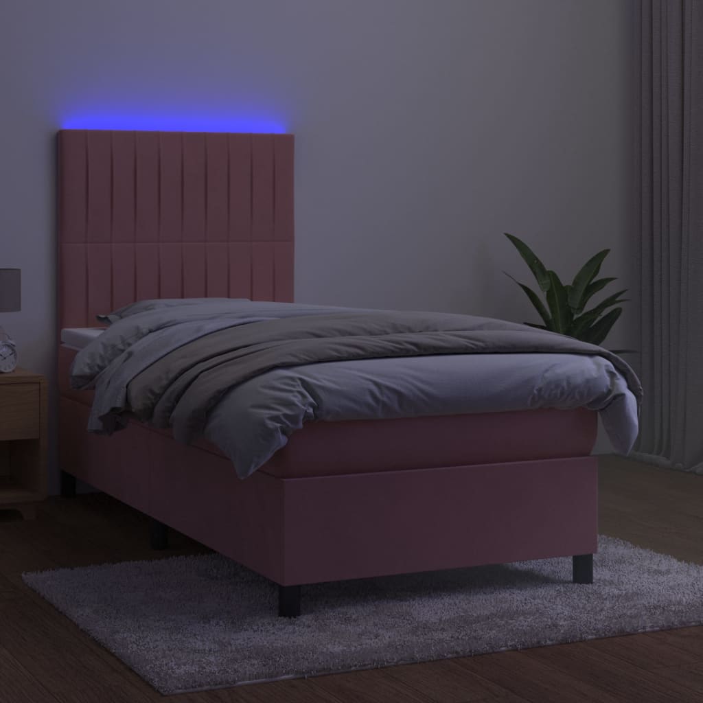 Rózsaszín bársony rugós és LED-es ágy matraccal 90x190 cm 