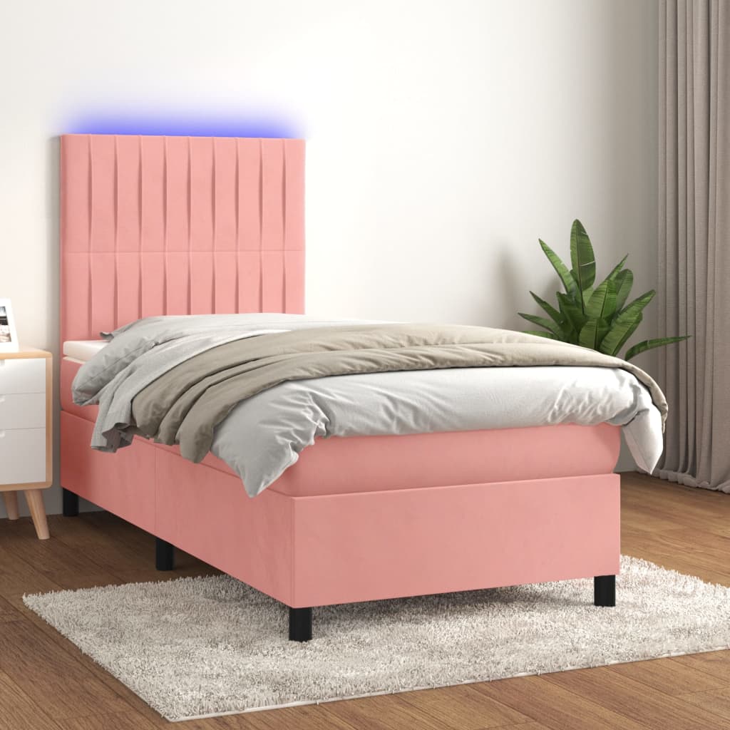 Box spring postel s matrací a LED růžová 90x190 cm samet