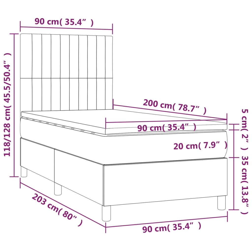 Łóżko kontynentalne, materac i LED, niebieski aksamit 90x200 cm