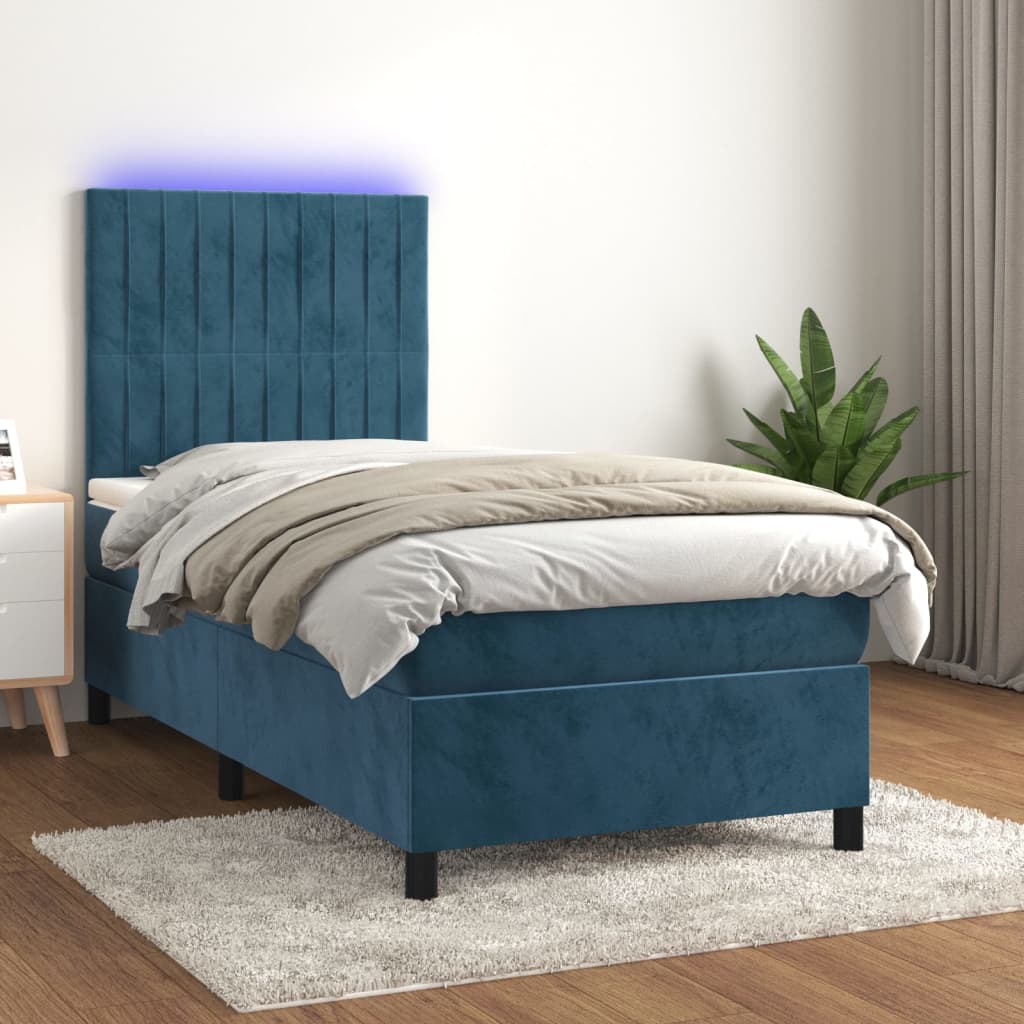 Sommier tapissier matelas et LED Bleu foncé 100x200 cm Velours