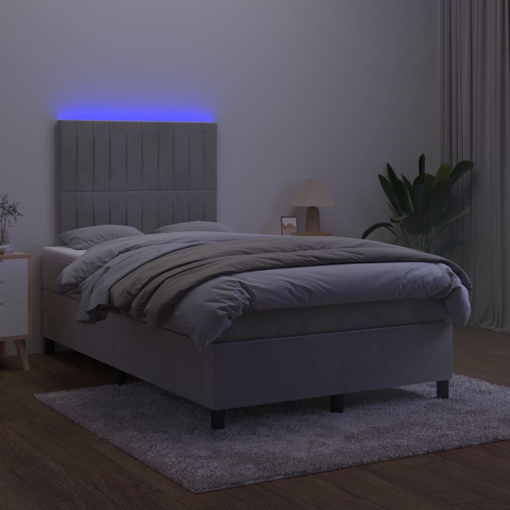 Box spring postel s matrací a LED světle šedá 120x200 cm samet