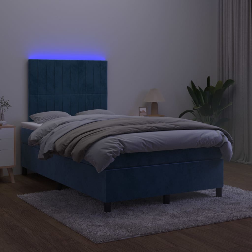 Box spring postel s matrací a LED tmavě modrá 120x200 cm samet