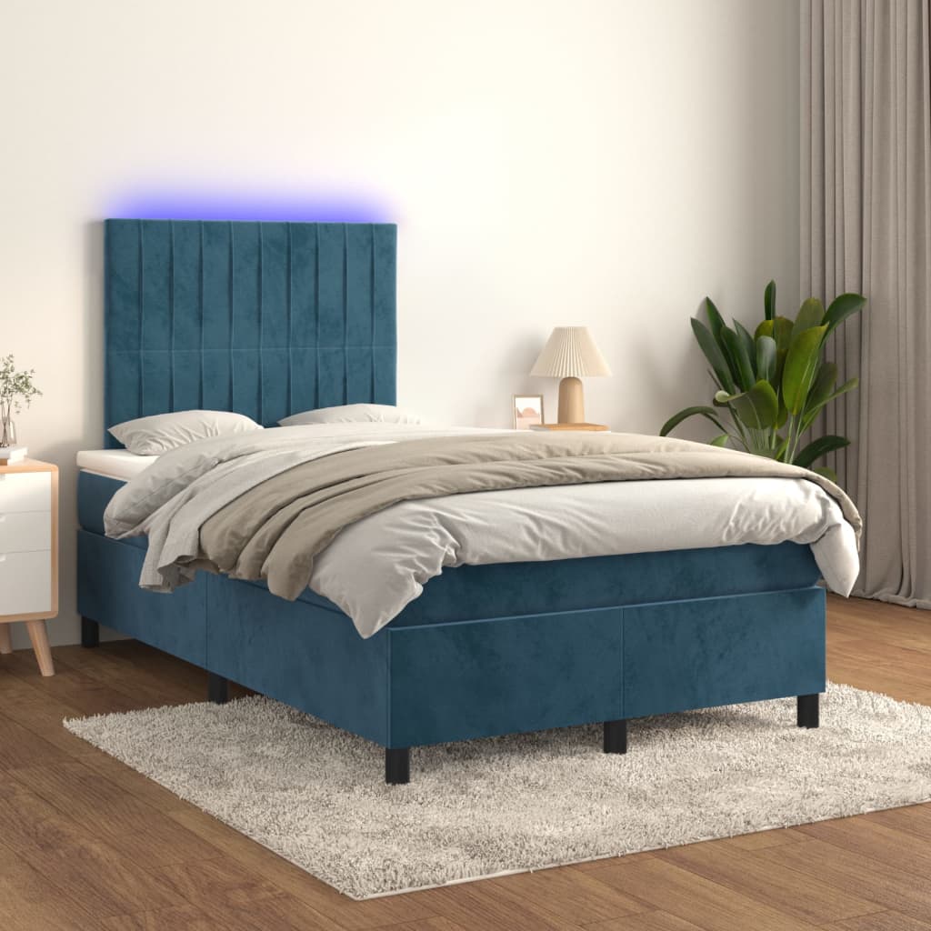 Box spring postel s matrací a LED tmavě modrá 120x200 cm samet