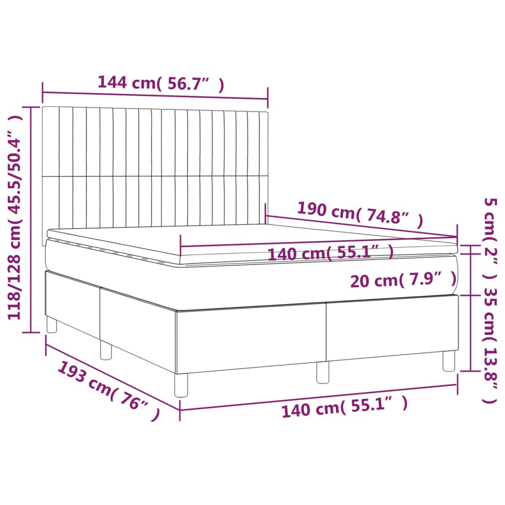 Pat continental cu saltea și LED gri deschis 140x190 cm catifea