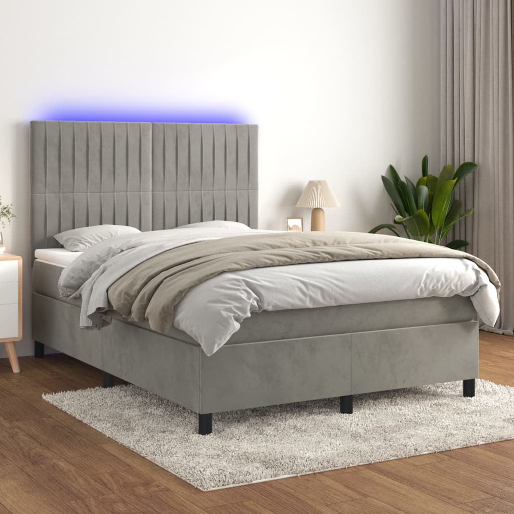 vidaXL Pat continental cu saltea și LED gri deschis 140x190 cm catifea