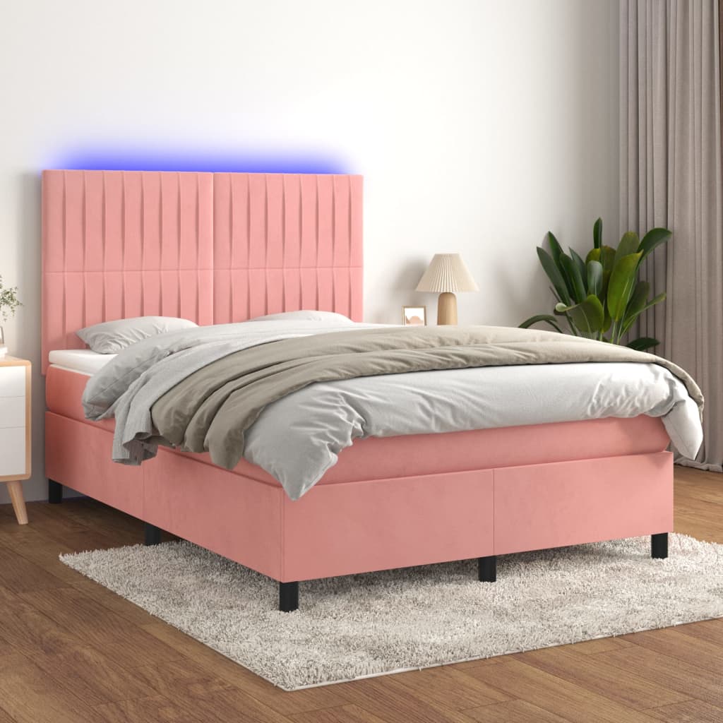 Box spring postel s matrací a LED růžová 140x190 cm samet