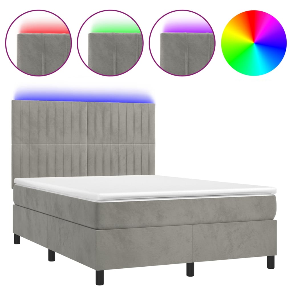 vidaXL Boxspring met matras en LED fluweel lichtgrijs 140x200 cm