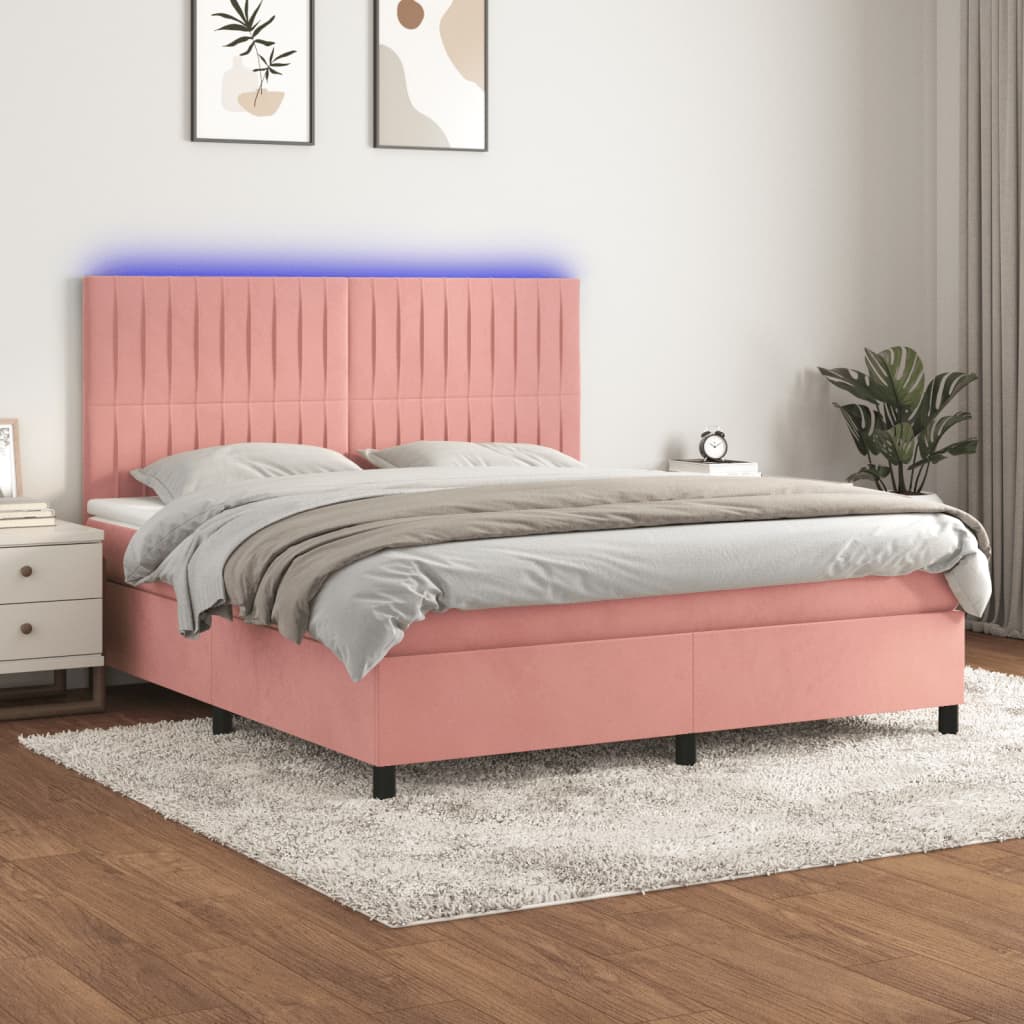 vidaXL Pat continental cu saltea & LED, roz, 120×200 cm, catifea