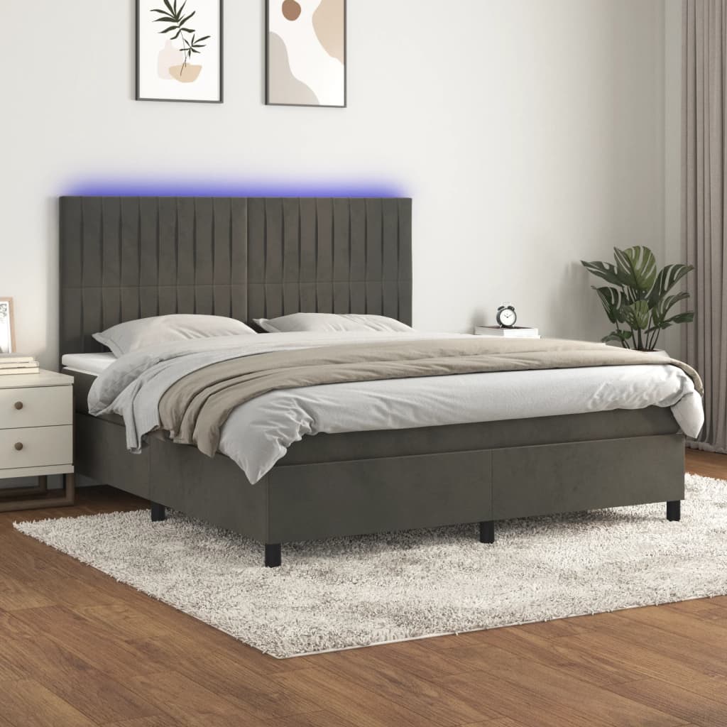Sötétszürke bársony rugós és LED-es ágy matraccal 180x200 cm 