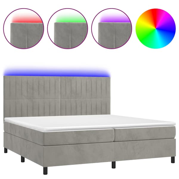 vidaXL kontinentaalvoodi madrats ja LED, helehall, 200x200 cm, samet