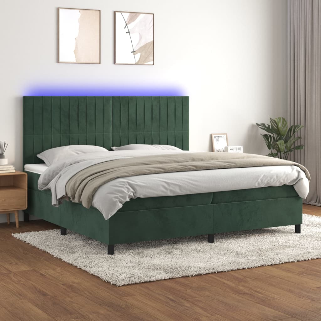 Box spring postel s matrací a LED tmavě zelená 200x200 cm samet