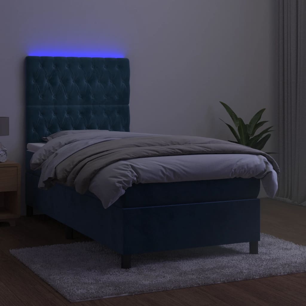Sötétkék bársony rugós és LED-es ágy matraccal 80 x 200 cm 