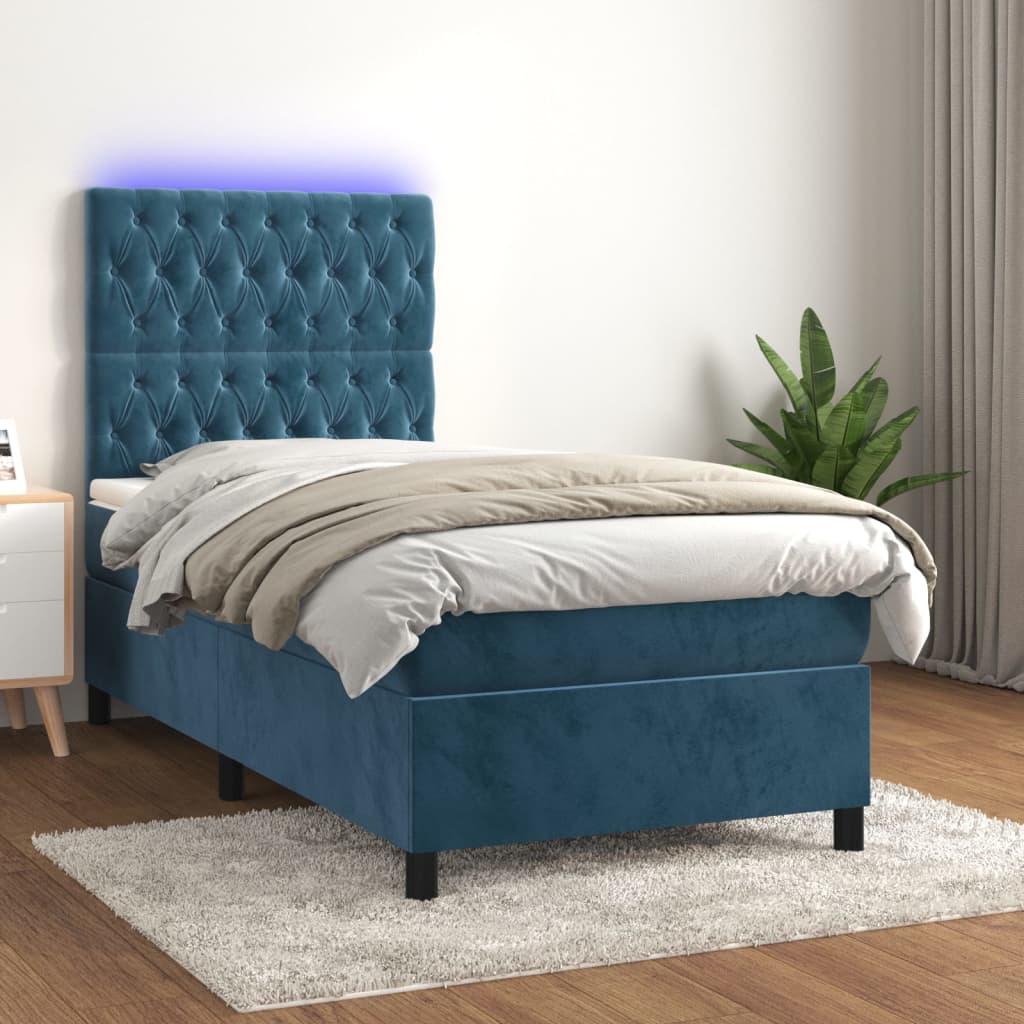 Sommier tapissier et matelas et LED Bleu foncé 80x200cm Velours