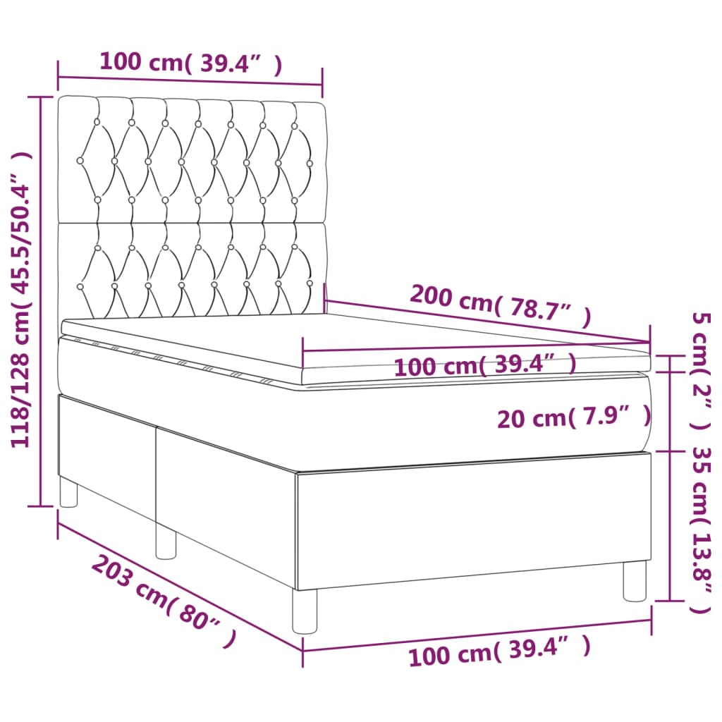  Posteľ boxsping s matracom a LED bledosivá 100x200 cm zamat