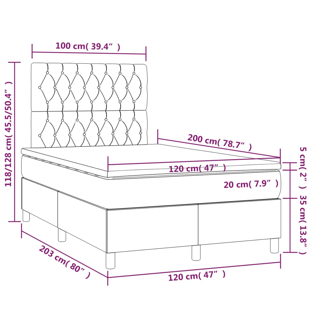 Krevet box spring s madracem LED svjetlosivi 120x200 cm baršun