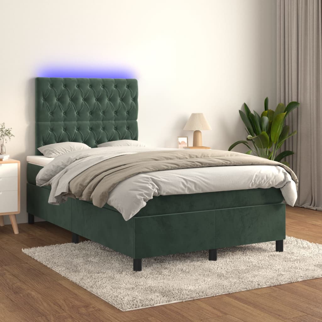 vidaXL Boxspringbett mit Matratze & LED Dunkelgrün 120x200 cm Samt