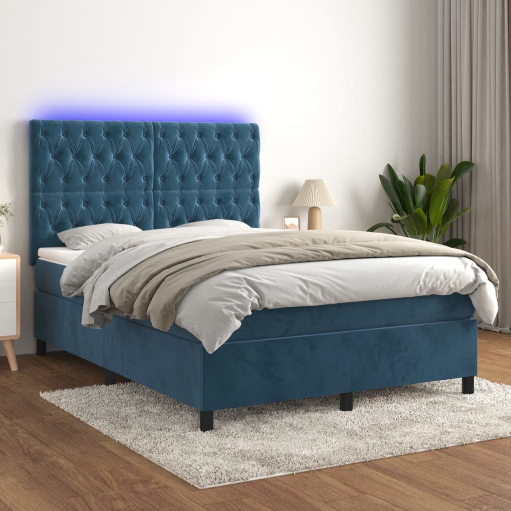 Sommier tapissier matelas et LED Bleu foncé 140x190 cm Velours