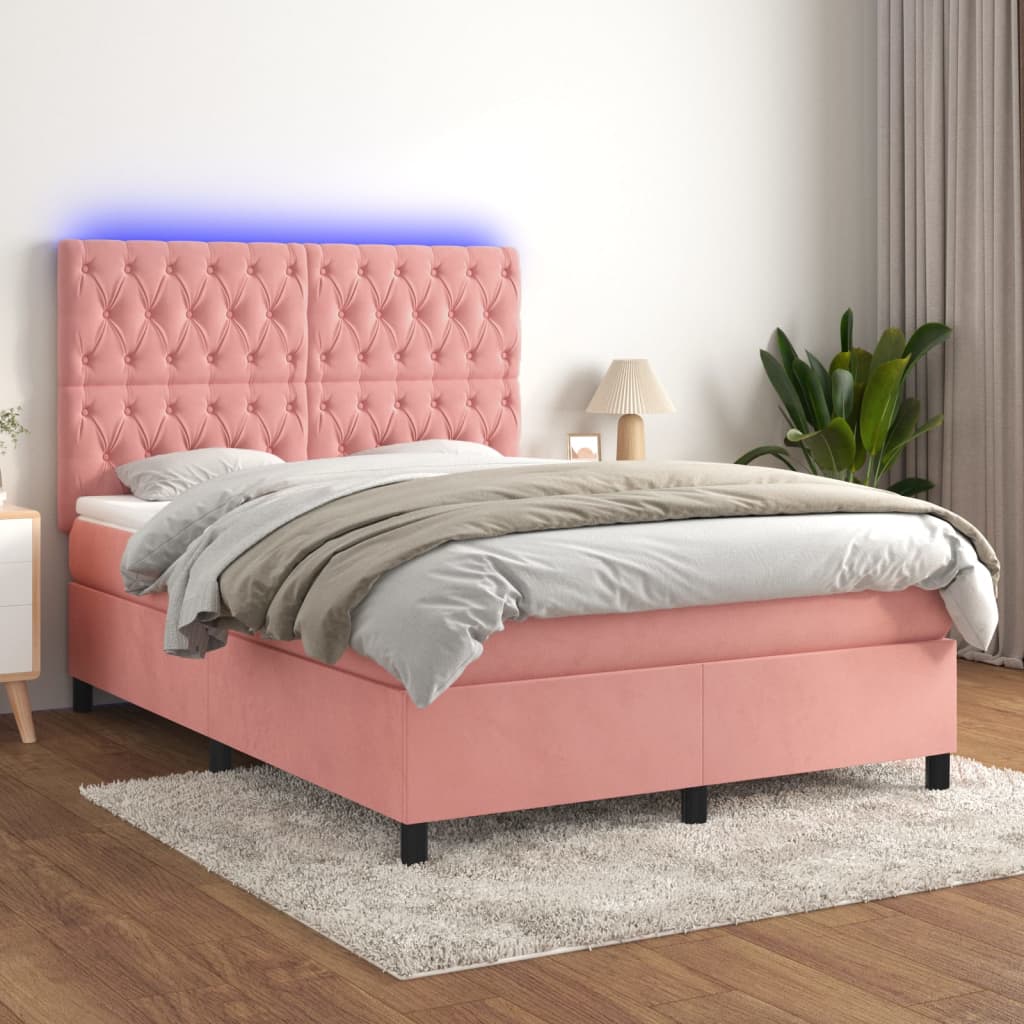 Sommier tapissier avec matelas et LED Rose 140x190 cm Velours