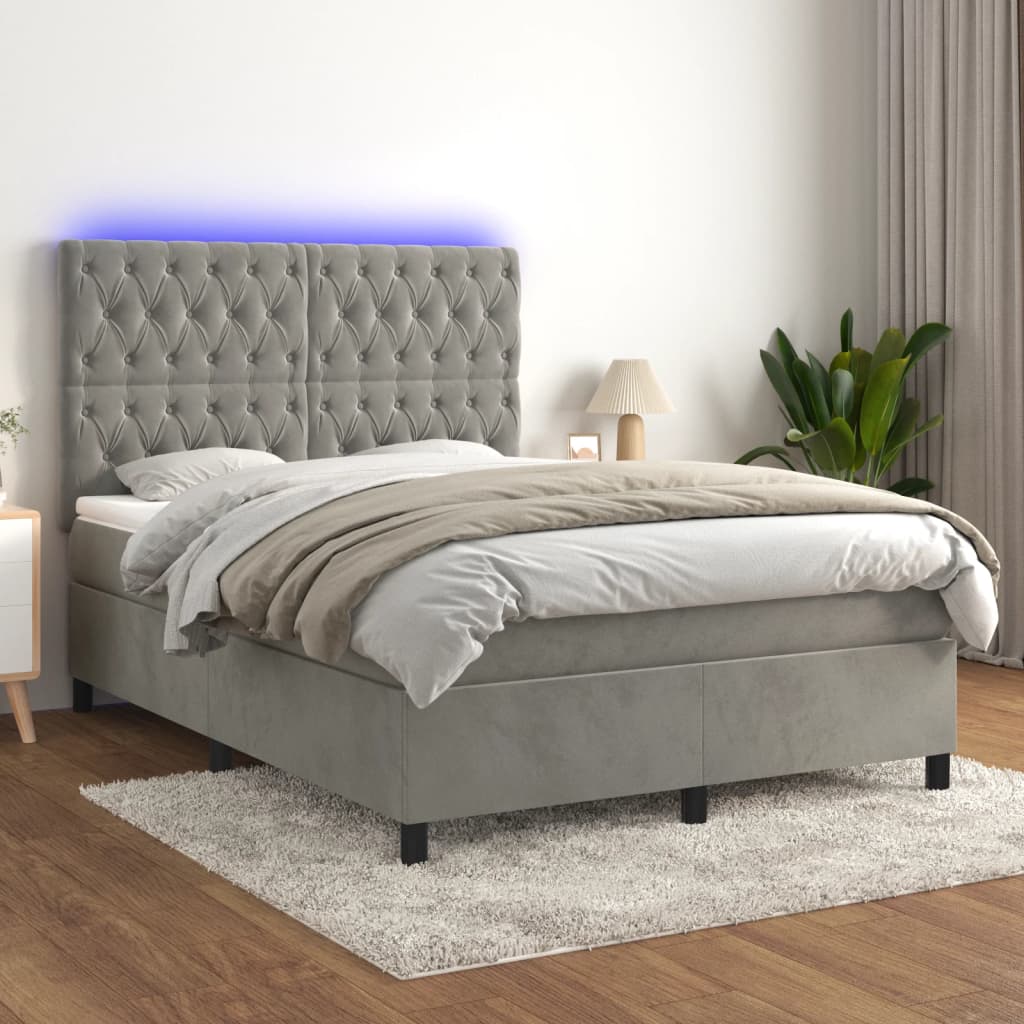 Világosszürke bársony rugós és LED-es ágy matraccal 140x200 cm 