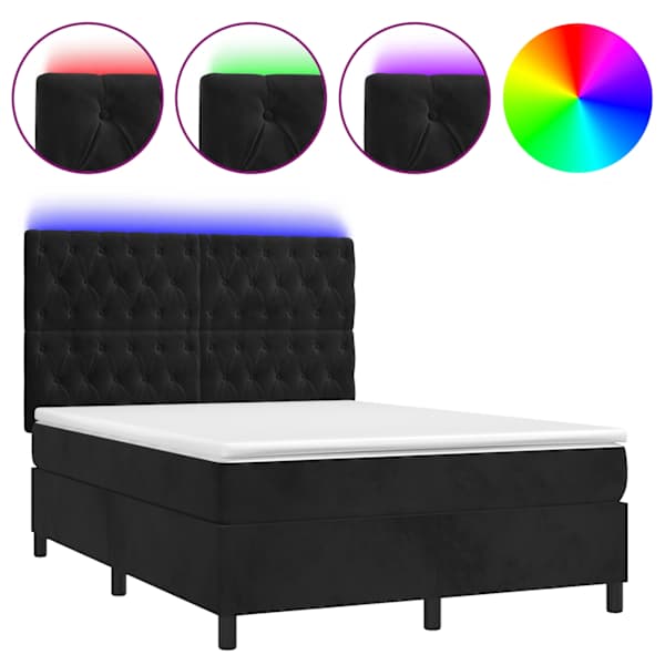 vidaXL kontinentaalvoodi madrats ja LED, must, 140x200 cm, samet