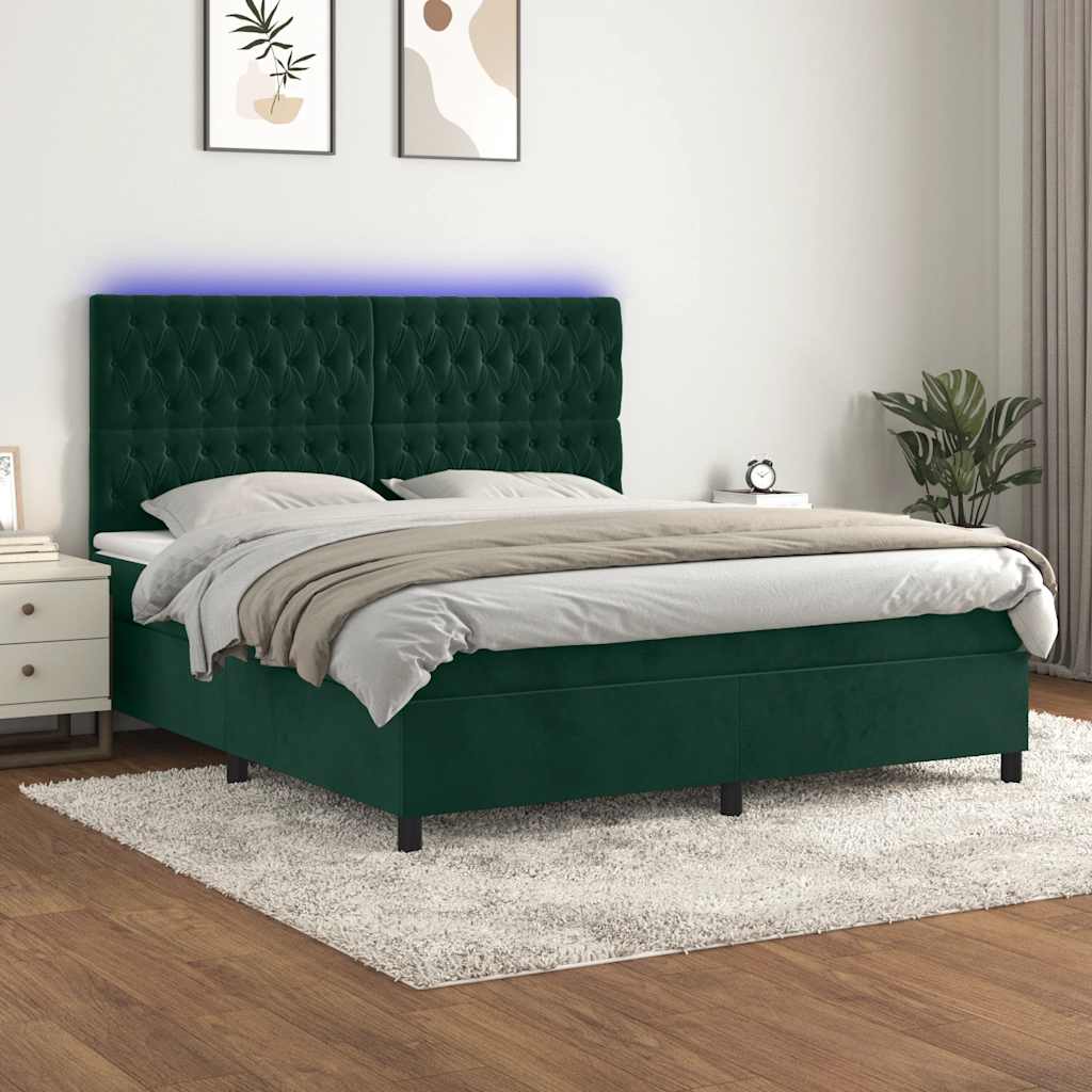 vidaXL Boxspringbett mit Matratze & LED Dunkelgrün 160x200 cm Samt
