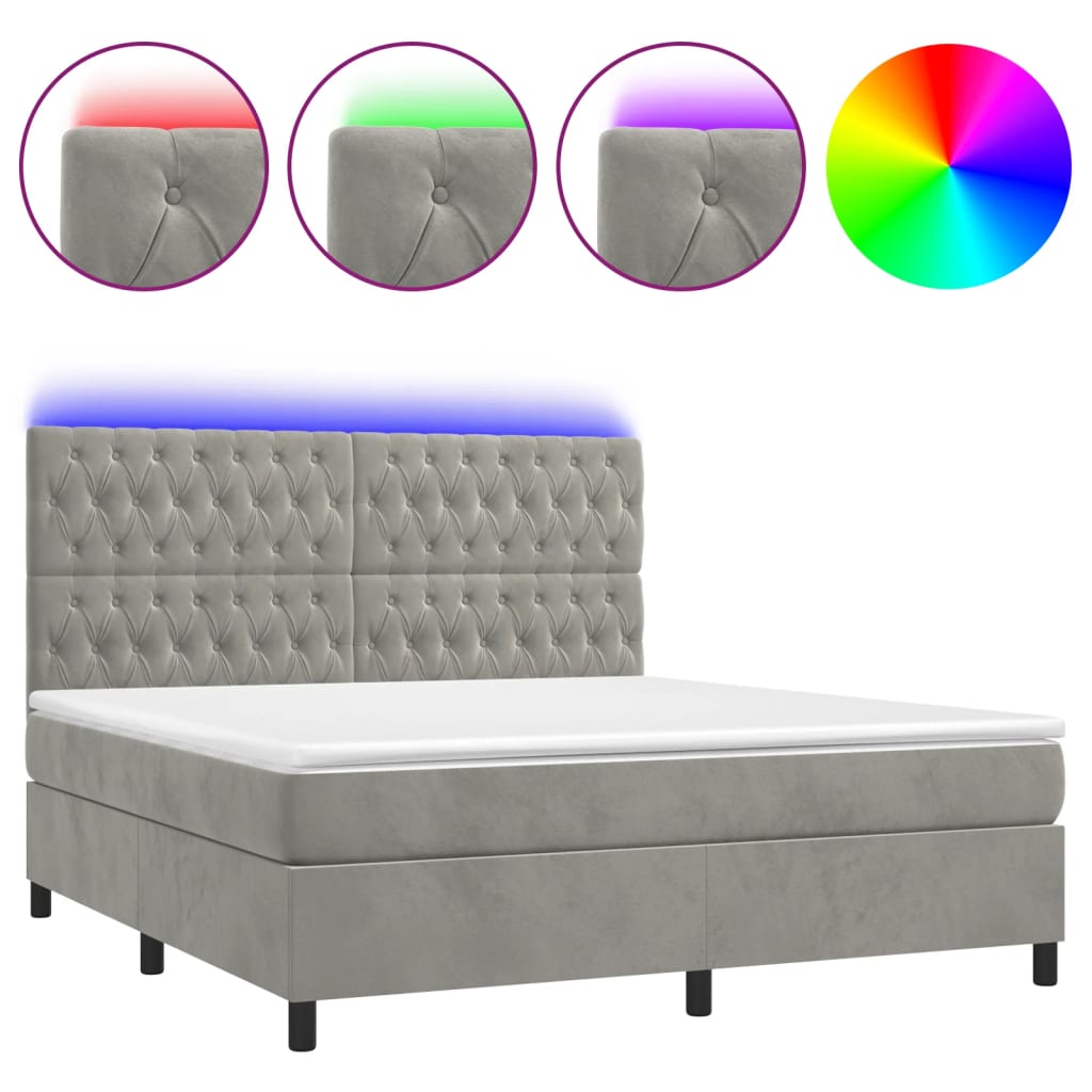 Világosszürke bársony rugós és LED-es ágy matraccal 180x200 cm 
