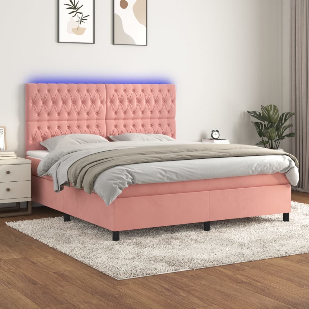 Box spring postel s matrací a LED růžová 180x200 cm samet