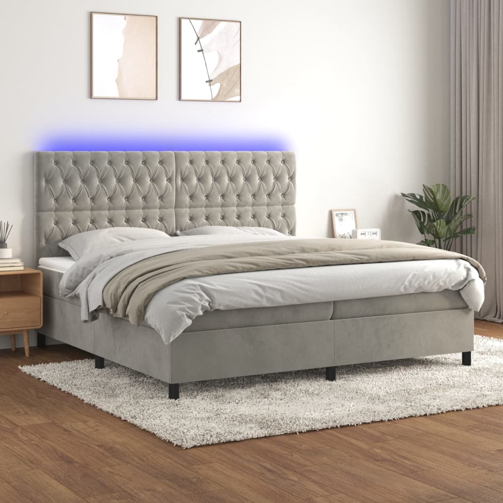 vidaXL Boxspringbett mit Matratze & LED Hellgrau 200x200 cm Samt