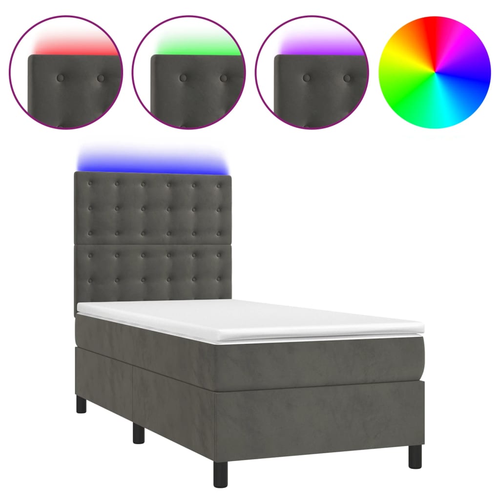 Sötétszürke bársony rugós és LED-es ágy matraccal 80 x 200 cm 