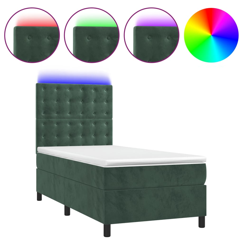 Sötétzöld bársony rugós és LED-es ágy matraccal 80 x 200 cm 