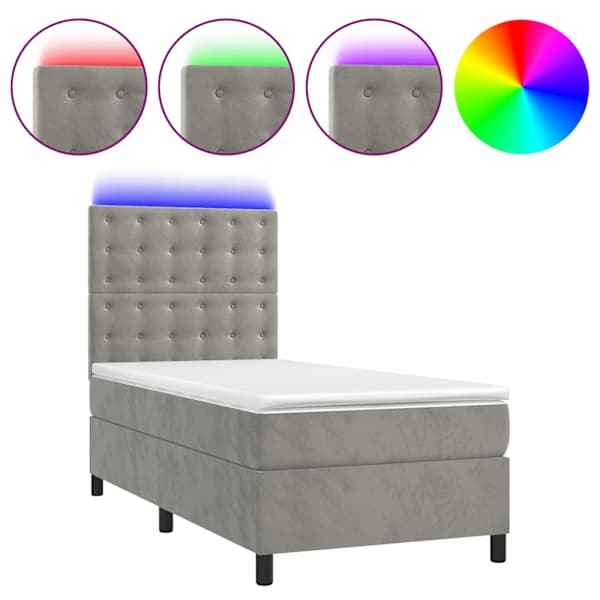 vidaXL kontinentaalvoodi madrats ja LED, helehall, 90x190 cm, samet