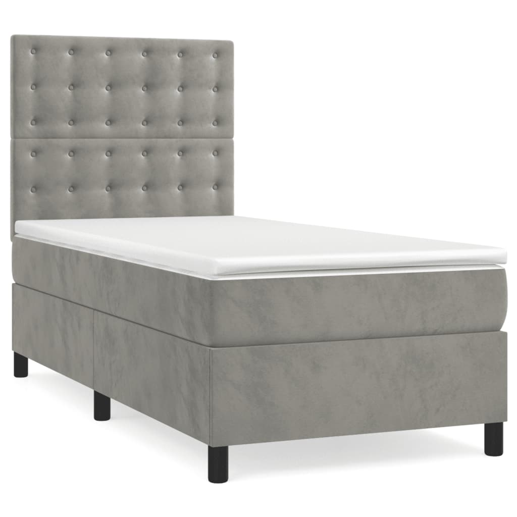 vidaXL Boxspring met matras en LED fluweel lichtgrijs 90x200 cm afbeelding