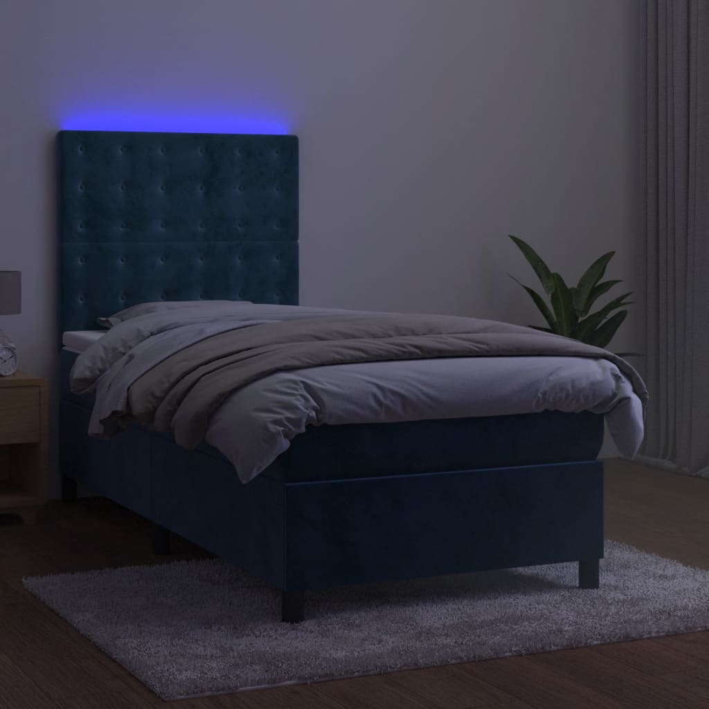 Box spring postel s matrací a LED tmavě modrá 100x200 cm samet