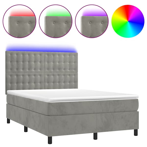 vidaXL kontinentaalvoodi madrats ja LED, helehall, 140x190 cm, samet