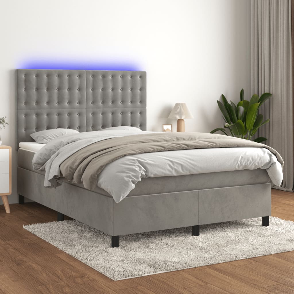 Boxspringbett mit Matratze & LED Hellgrau 140×190 cm Samt