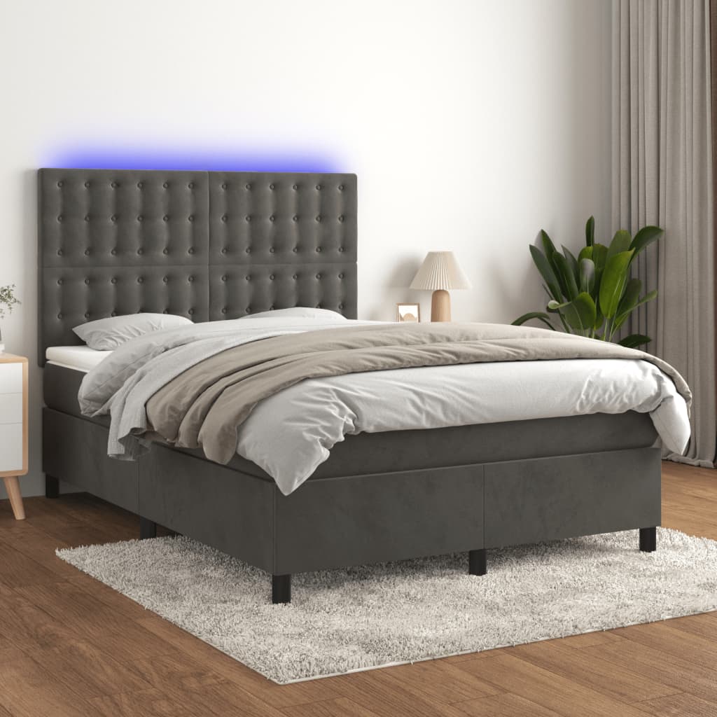 vidaXL Boxspringbett mit Matratze & LED Dunkelgrau 140x190 cm Samt