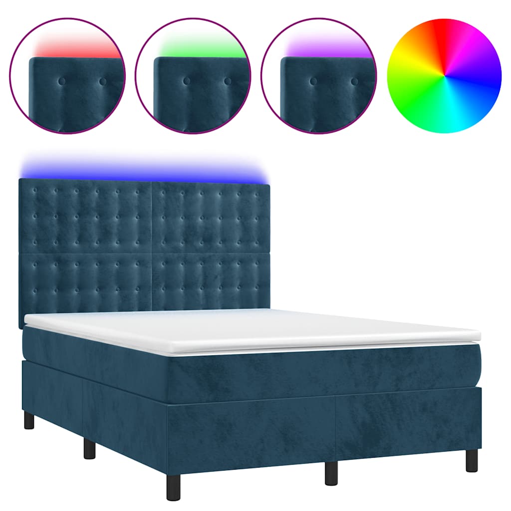 Box spring postelja z vzmetnico LED temno modra 140x190cm žamet