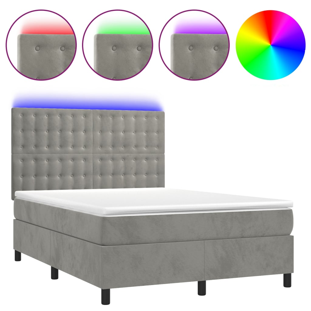 vidaXL Boxspring met matras en LED fluweel lichtgrijs 140x200 cm