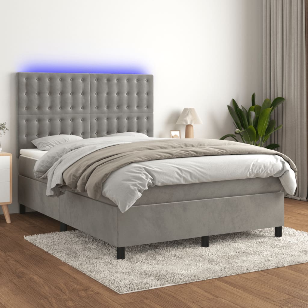 Világosszürke bársony rugós és LED-es ágy matraccal 140x200 cm 