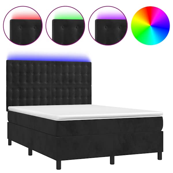 vidaXL kontinentaalvoodi madrats ja LED, must, 140x200 cm, samet
