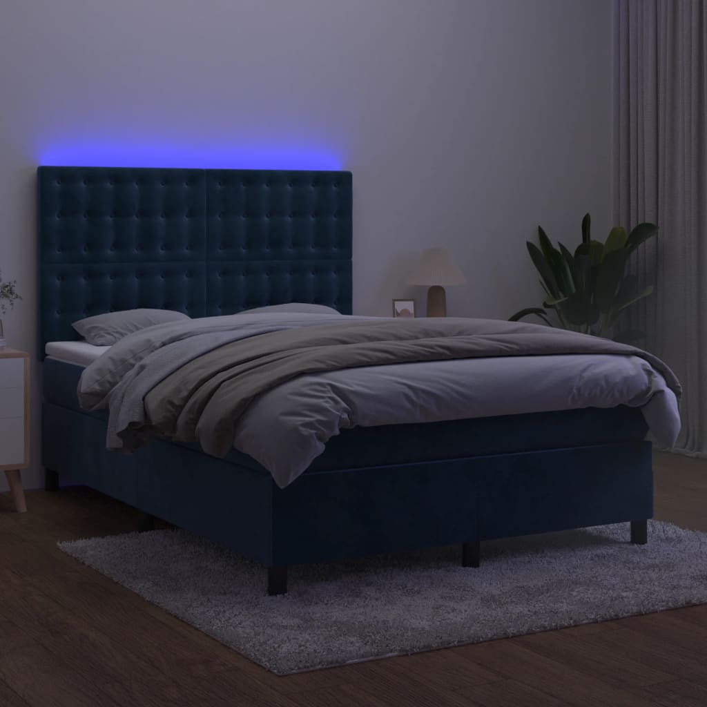 Łóżko kontynentalne z materacem i diodami LED, 203x144x118/128 cm, ciemnoniebieskie