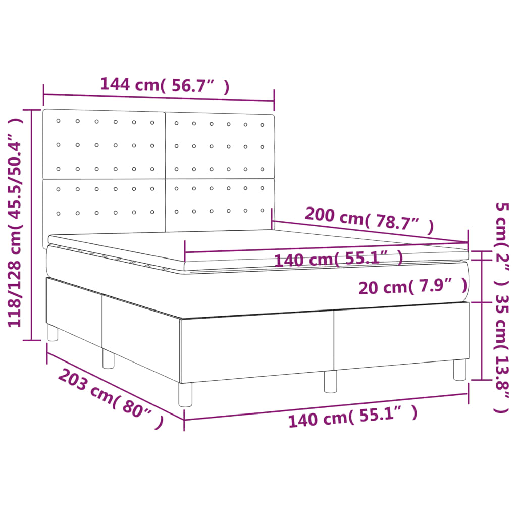 Rózsaszín bársony rugós és LED-es ágy matraccal 140x200 cm 