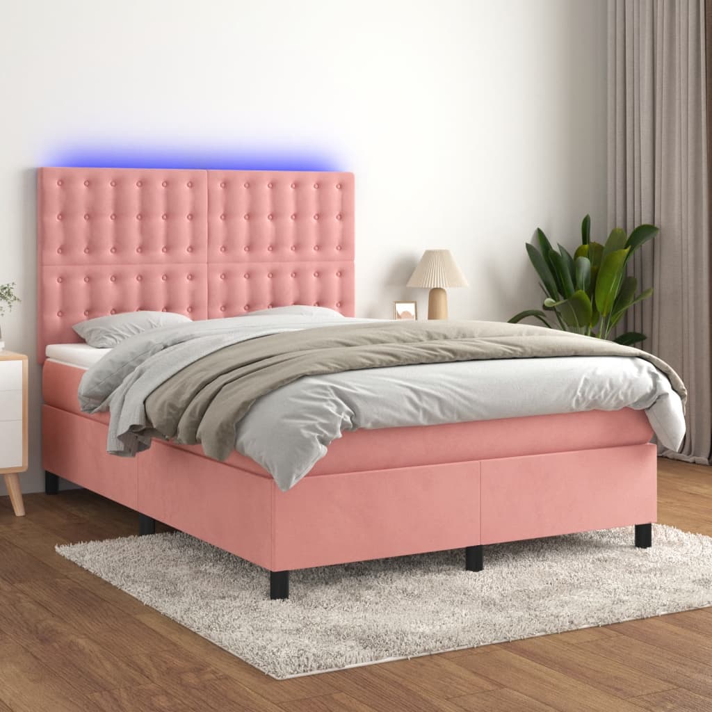 Sommier tapissier avec matelas et LED Rose 140x200 cm Velours