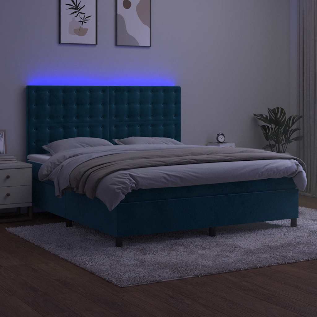 vidaXL Boxspring met matras en LED fluweel donkerblauw 160x200 cm blauw, foto 2