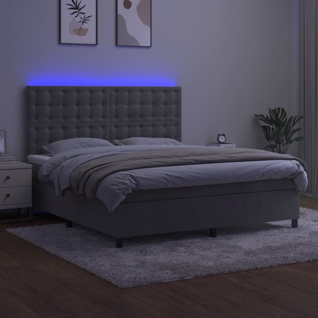 vidaXL Boxspring met matras en LED fluweel lichtgrijs 180x200 cm grijs, foto 2