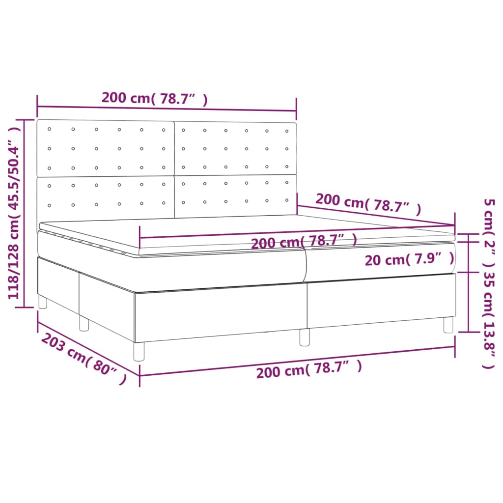 Łóżko kontynentalne z materacem i LED, szare 200x200cm, aksamit