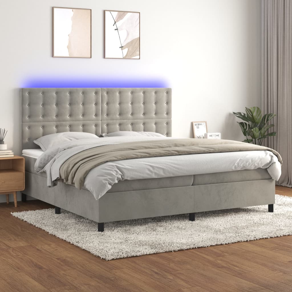 Világosszürke bársony rugós és LED-es ágy matraccal 200x200 cm 