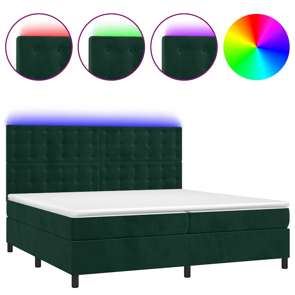 vidaXL Box spring postel s matrací a LED tmavě zelená 200x200 cm samet