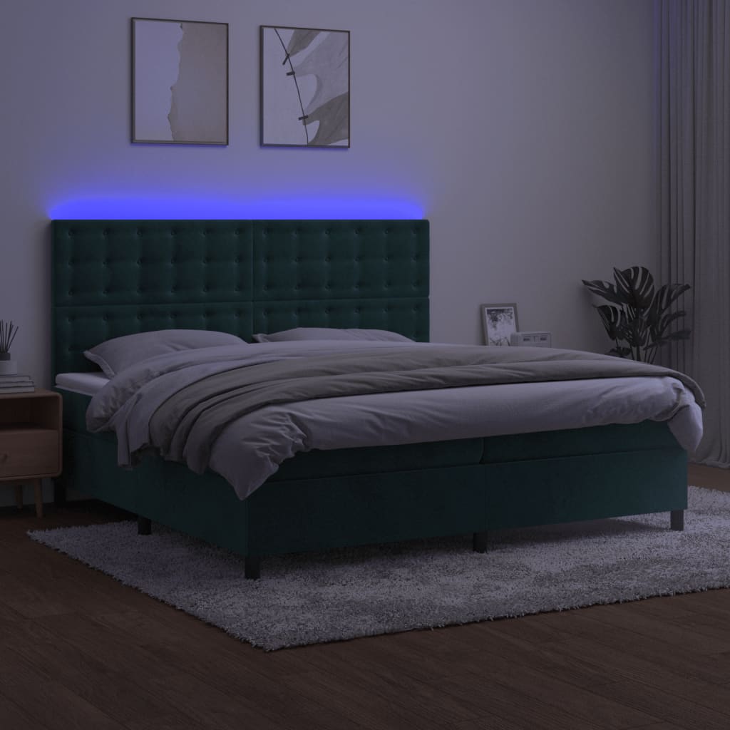 Sötétzöld bársony rugós és LED-es ágy matraccal 200x200 cm 